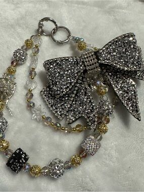 Hand Made Bling Bow Beaded Bracelet Charm - Silver and Gold